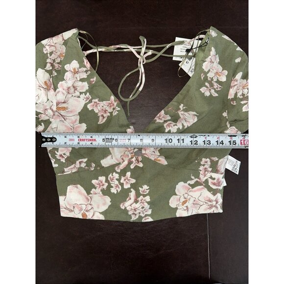 Zara Floral Lace-Up Crop Top XS Green & Pink Linen Blend - Picture 8 of 10